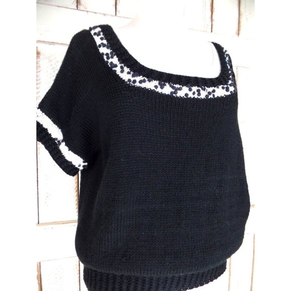 Black white chunky knit short sleeve vintage sweater - Picture 3 of 5
